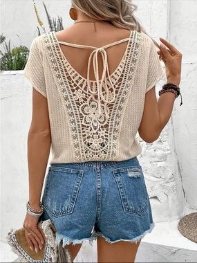 Women's Cream Crochet Back Tie Short Sleeve Top
